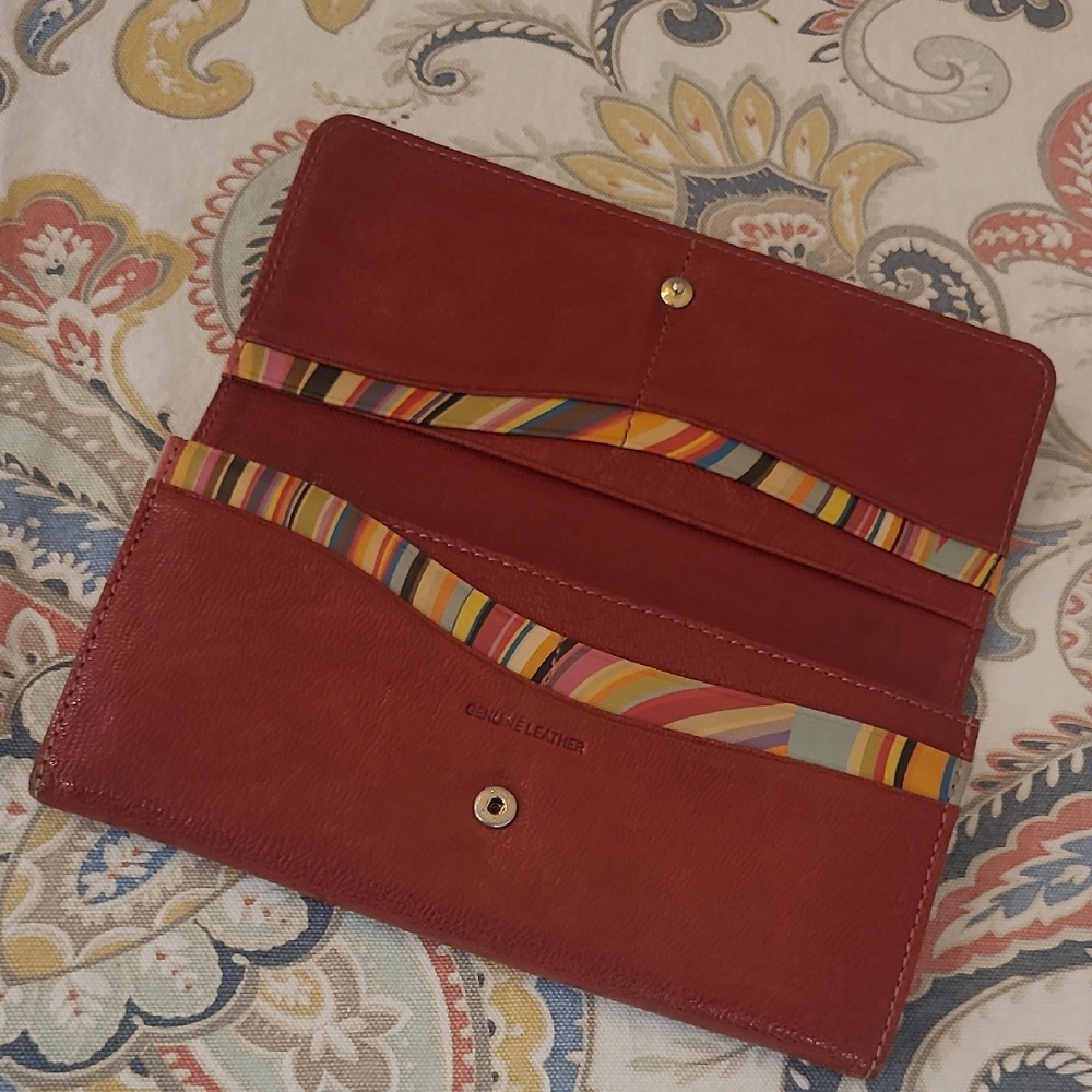 Paul Smith Red Leather Continental Wallet with Multicolor Stripe Lining